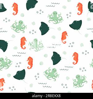 Modello vettoriale senza cuciture con cavalluccio marino, polpo, pesci devilfish.Underwater cartone animato creature.sfondo marino.Cute modello oceanico per tessuti, bambini Illustrazione Vettoriale