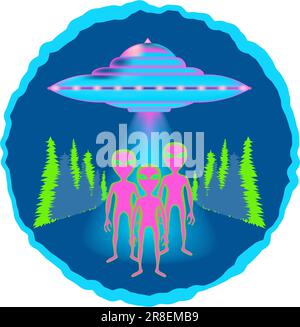 UFO volare nel cielo. Badge rotondo, stampa, poster in colore neon con un piattino volante e alieni sullo sfondo della foresta. Illustrazione vettoriale. Illustrazione Vettoriale