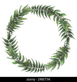 Wreath verde acquerello. Foglie e rami, illustrazione disegnata a mano. Sfondo floreale. Foto Stock