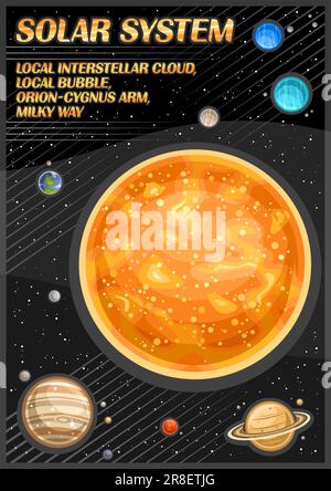 Vector Poster for Solar System, banner verticale decorativo con illustrazione dei pianeti rotanti del sistema solare intorno al sole dei cartoni animati su sfondo stellato, Illustrazione Vettoriale