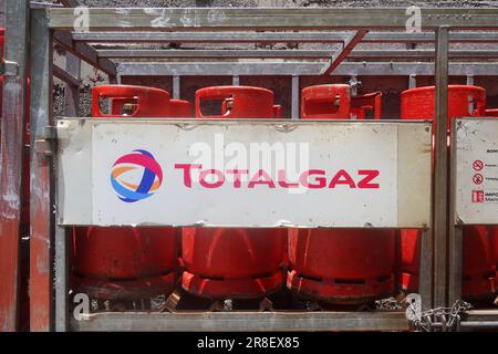 Bombole di gas Total Gaz, stazione di servizio, Mauritius Foto Stock