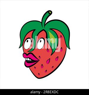 Fragola sorpresa carino illustrazione del personaggio. Illustrazione vettoriale piatta della fragola isolata su sfondo bianco. Fragola con labbra grandi Illustrazione Vettoriale