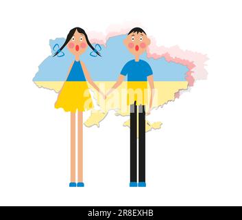 I bambini ucraini sono spaventati sullo sfondo della mappa dell'Ucraina. Illustrazione Vettoriale