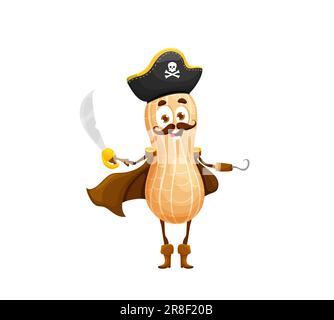 Cartone animato Halloween, personaggio pirata delle arachidi. Corsario di dadi vettoriali isolato con gancio e sciabola che indossa il costume di buccaneer cappello, mantello e stivali tricorn. Cialda di arachidi cartoni animati Fantasy Illustrazione Vettoriale