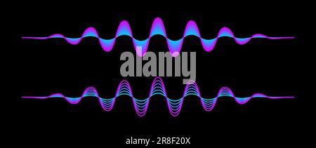Coppia di onde sonore a gradiente blu viola. Due linee di sinusoide rosa al neon. Elemento di design audio vocale o musicale per volantini, poster, banner. Campioni grafici del segnale radio su sfondo scuro. Vettore Illustrazione Vettoriale