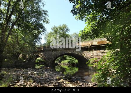Il ponte vittoriano ad arco doppio che trasporta la ferrovia North Yorkshire Moors sul fiume Murk Esk, Regno Unito. Foto Stock