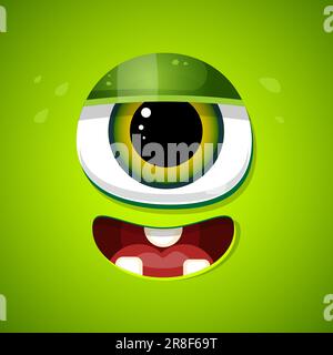 Cartoon mostro faccia. Vettore Halloween verde fresco avatar mostro felice. con denti piccoli Illustrazione Vettoriale