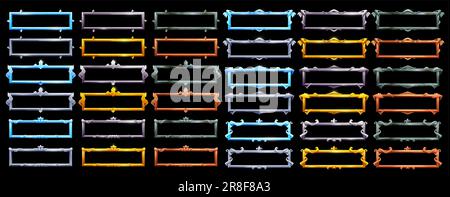 Cornici avatar in oro, argento e ghiaccio, rettangoli in bronzo, rame e metallo, risorsa di gioco. Bordi orizzontali vettoriali impostati con eleganti bordi curvati. targhe di livello, gui dei cartoni animati isolati per rpg, mmo o app Illustrazione Vettoriale