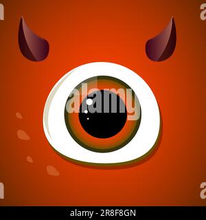 Cartoon mostro rosso diavolo con un grande occhio. Vettore Halloween rosso fresco mostro con corna Illustrazione Vettoriale