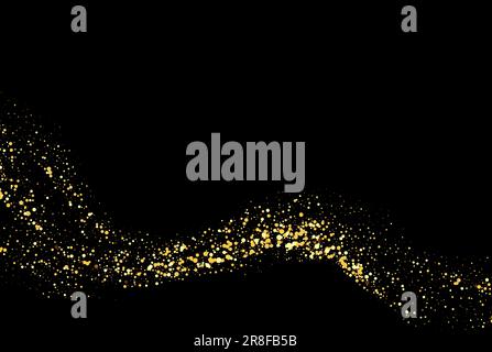 Frizzante onda di confetti. Flusso ondulato brillante d'oro su sfondo nero. Illustrazione Vettoriale