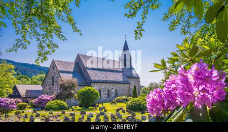 Fana Kirke, una delle chiese più antiche della zona di Bergen in Norvegia. Foto Stock