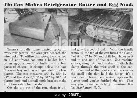 Pagina delle invenzioni: La latta rende il burro del frigorifero e l'angolo delle uova. Rivista Popular Science, USA, febbraio 1949 Foto Stock