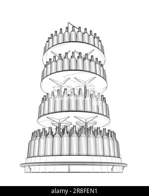 Contorno bottiglie di vino impilate su scaffali di legno. Illustrazione vettoriale isolata su sfondo bianco. Vettore icona rack flaconi in linea sottile, sul dorso bianco Illustrazione Vettoriale