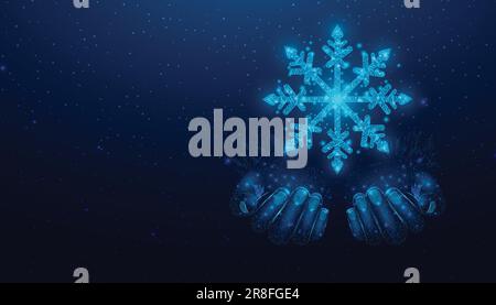Due mani stanno tenendo un fiocco di neve. Struttura a reticolo con design a basso poli e sfondo blu. Illustrazione astratta di vettori futuristici. Illustrazione Vettoriale