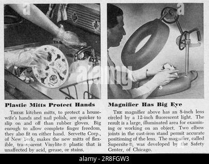 Invenzioni: Guanti in plastica vinilyte Protect Hands; Supersite Magnifiers Innovations page Popular Science magazine, USA, febbraio 1949 Foto Stock
