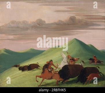 Buffalo Chase, Bull Protecting a Cow and Calf 1832-1833 di George Catlin, nato Wilkes-barre, PA 1796-Dead Jersey City, NJ 1872 Foto Stock