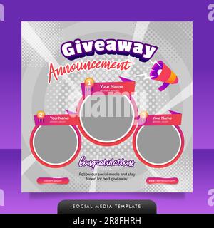 Modello di banner post sui social media per l'annuncio del vincitore in omaggio Illustrazione Vettoriale