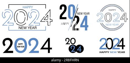 Set di testo con logo Happy New Year 2024. Modello di progettazione dei numeri Trends 2024. Design per striscioni, saluti, vacanze Illustrazione Vettoriale