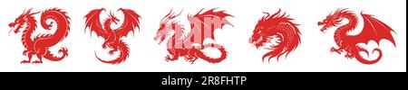 Icone tradizionali cinesi di silhouette rosso drago. Felice anno nuovo cinese 2024 anno del drago segno zodiaco. Illustrazione vettoriale Illustrazione Vettoriale