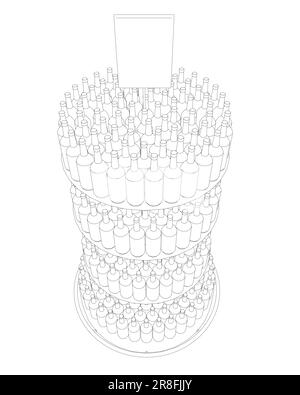 Contorno bottiglie di vino impilate su scaffali di legno. Illustrazione vettoriale isolata su sfondo bianco. Vettore icona rack flaconi in linea sottile, sul dorso bianco Illustrazione Vettoriale