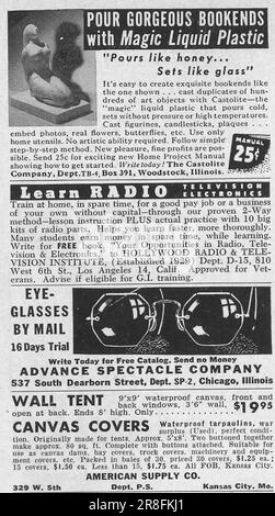 Bookends, occhiali per posta, Learn radio - frammento di pagina pubblicitaria della rivista Popular Science, USA, febbraio 1949 Foto Stock