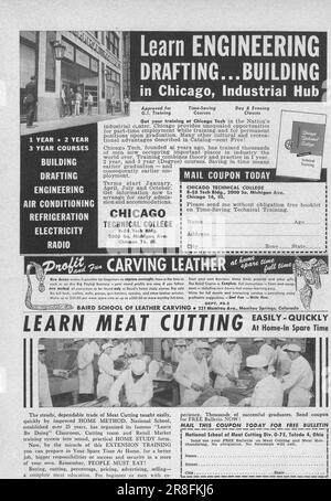 Impara ingegneria, impara corsi di taglio della carne pagina pubblicitaria sulla rivista Popular Science, USA, febbraio 1949 Foto Stock