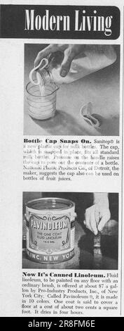 Pagina delle invenzioni - vita moderna - tazza per biberon a scatto - Pavinoleum in scatola Linoleum. Rivista Popular Science, USA, febbraio 1949 Foto Stock