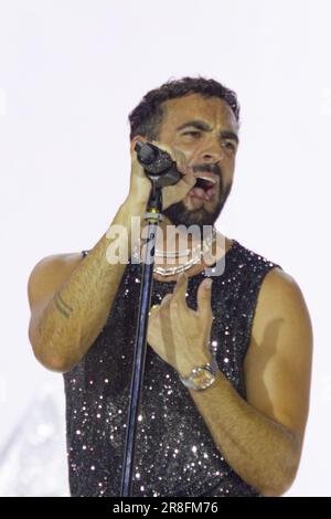 Padova, Italia. 20th giugno, 2023. Marco Mengoni in concerto allo stadio Euganeo di Padova con il suo tour ''Marco negli Stadi 2023'', il 20 giugno 2023, a Padova. (Foto di Mimmo Lamacchia/NurPhoto) Credit: NurPhoto SRL/Alamy Live News Foto Stock