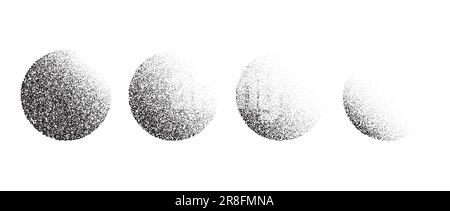 Set di sfere sfumate testurizzate. Collezioni cerchi neri punteggiati. Confezione di elementi tondi in grana puntinata. Dissolvenza delle forme dei punti di sfumatura del rumore. Pacchetto di illustrazioni effetto a puntini o mezzitoni. Vettore Illustrazione Vettoriale