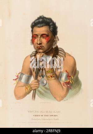 GIOVANE MA-HA-KAH. CAPO DELLA IOWAYS., dalla Storia delle tribù indiane del Nord America ca. 1837 di McKenney e Hall, 1836-1844 Foto Stock