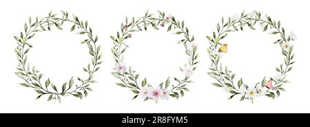 Set di corone acquerello con foglie di fiori e farfalle. Collezione vettore botanico isolato su sfondo bianco adatto per Wedding Invitatio Illustrazione Vettoriale