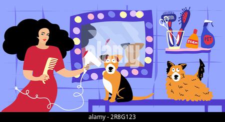 Salone acconciature per animali domestici. Cane professionale barbiere per la cura del corpo. Donna che si prende cura della pelliccia dell'animale domestico - taglio e spazzolatura della pelliccia. Cucciolo carino a Groomer Salon. Taglia lana, asciugando. Illustrazione vettoriale Illustrazione Vettoriale