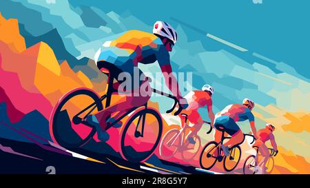 Ciclisti che guidano le biciclette nel torneo ciclistico. Moto sport low-poly stile, colorato vettore poster. Illustrazione Vettoriale