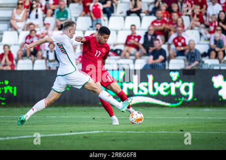 Vejle, Danimarca. 20th giugno, 2023. William Osula (17) di Danimarca visto durante la partita di qualificazione di U21 Euro tra Danimarca e Galles allo stadio Vejle di Vejle. (Photo Credit: Gonzales Photo/Alamy Live News Foto Stock