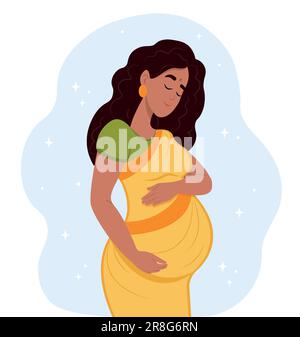 Donna indiana incinta felice che abbraccia il ventre con le mani. Maternità Illustrazione Vettoriale