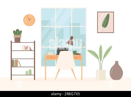 Grazioso ufficio domestico con posto di lavoro davanti alla finestra con vista sulla città. Interni moderni in stile piatto vettoriale. Illustrazione Vettoriale