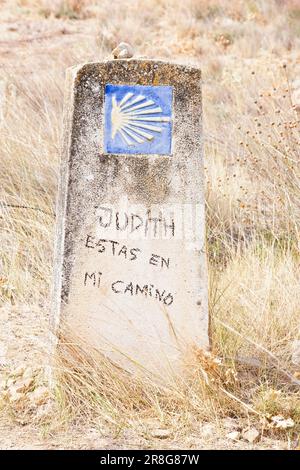 Judith, sei in cammino: Saluto del pellegrino su un cartello, via da Castrojeriz a San Nicolas de Puente Fitero, Provincia di Burgos, Castiglia e. Foto Stock