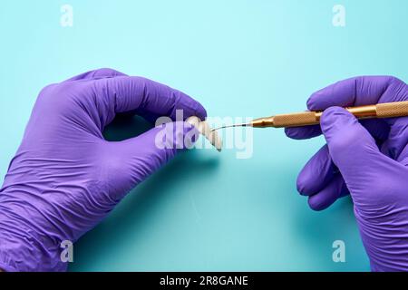 Tecnico dentale che lavora con un apparecchio protesico dentale su un tavolo da lavoro verde. Foto Stock