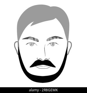 Moustache e Chin Tenda barba stile uomini in viso illustrazione capelli facciali baffi Chevron. Vector grigio nero ritratto maschio modello moda barbiere piatto. Elegante contorno isolato bianco per capelli Illustrazione Vettoriale