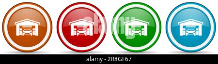 Lavaggio auto, servizio di pulizia auto icone lucide, set di moderni pulsanti di design per web, internet e applicazioni mobili in quattro colori opzioni isolato o Foto Stock