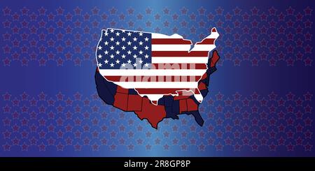 Felice Independence Day America. Biglietto d'auguri con bandiera e sfondo della mappa Illustrazione Vettoriale