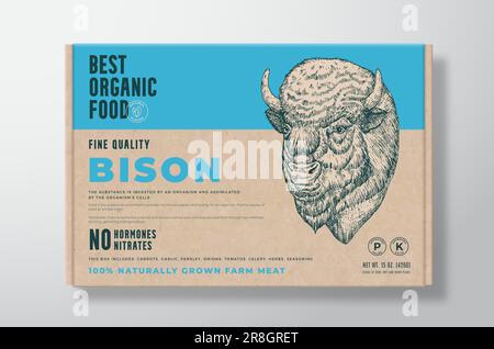 Carne di bisonte biologica. Etichetta Vector Food Packaging Design su un contenitore di cartone artigianale. Tipografia moderna e mano disegnata Buffalo testa sfondo Illustrazione Vettoriale