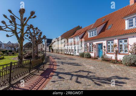 Edifici ben conservati intorno al cimitero dello storico insediamento di pescatori Holm, Schleswig, Schleswig-Holstein, Germania settentrionale, Europa Foto Stock