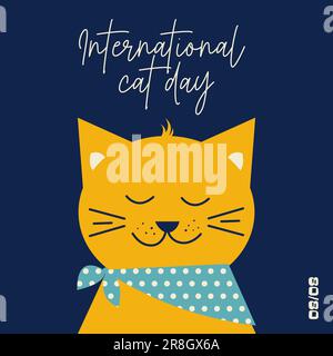 Giornata mondiale del gatto. Giornata internazionale del gatto. Concetto di vacanza carino. Modello con catino retrò per cartoncino, poster, t-shirt con iscrizione di testo. Illustrazione Vettoriale
