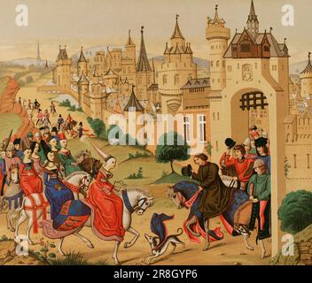 Ingresso a Parigi il 20 giugno 1389 di Isabella di Baviera (1370-1425), regina consorte di Francia per matrimonio con re Carlo VI di Francia. Chromolithography di Franz Kellerhoven dopo una miniatura di 'Cronache di Froissart'. 'Les Arts au Moyen Age et a l'Epoque de la Renaissance', di Paul Lacroix. Parigi, 1877. Autore: Franz Kellerhoven (1814-1872). Litografo tedesco. Foto Stock