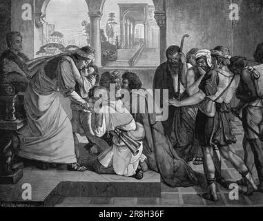 Giuseppe si rivela ai suoi fratelli, primo libro Mose, capitolo 45, versetto 1-15, Antico Testamento, Bibbia, illustrazione storica 1890 Foto Stock