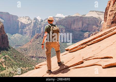 Uomo escursionista con uno zaino in piedi con una splendida vista nel parco nazionale di Zion, Utah. Avventura estiva Foto Stock