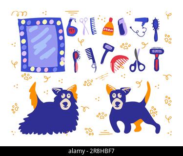 Cura degli animali domestici. Disegno del salone del cane con parecchi attrezzi di governare. Illustrazione vettoriale fatta a mano in stile doodle. Illustrazione Vettoriale