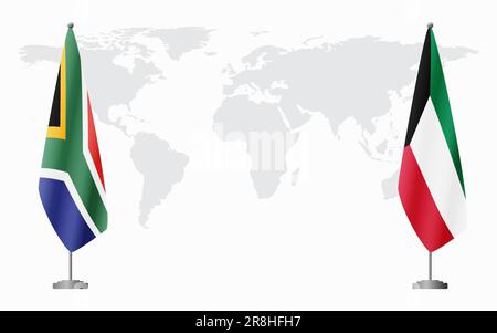 Bandiere del Sud Africa e del Kuwait per l'incontro ufficiale sullo sfondo della mappa mondiale. Illustrazione Vettoriale