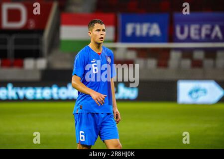 Budapest, Ungheria. 19th giugno, 2023. Budapest, Ungheria, 19st 2023 giugno: 6 Borgborsson O. (Islanda) durante il gioco di incontro europeo Under 21 amichevole nazionale squadra tra Ungheria e Islanda al Venue Bozsik Arena a Budapest, Ungheria. (Gabor SAS/SPP) Credit: SPP Sport Press Photo. /Alamy Live News Foto Stock